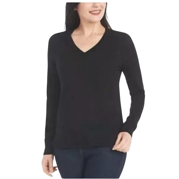 Katherine Barclay 100% Merino Wool Black Long Sleeve V Neck Sweater Top Size XS - Picture 1 of 10